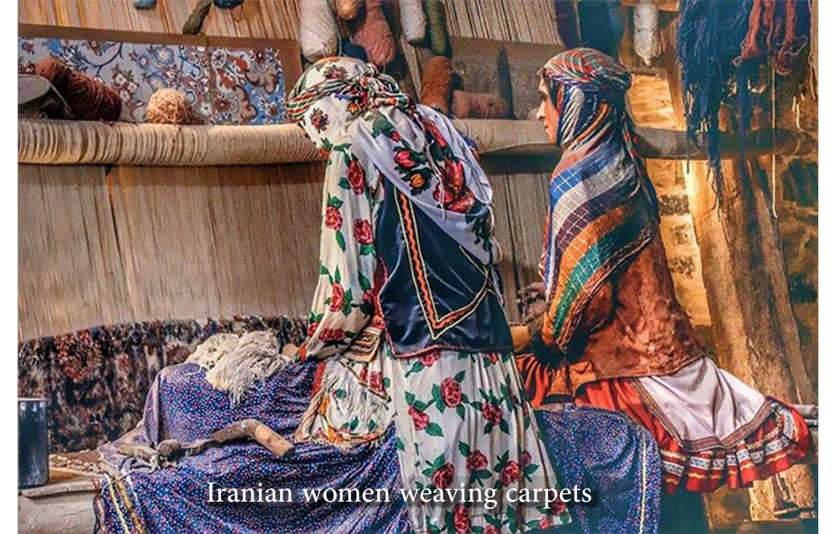 Iranian women weaving carpets